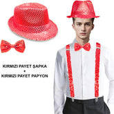 Nessiworld Kırmızı Payetli Şapka ve Papyon Seti – Parıltılı Yetişkin Kostüm Seti